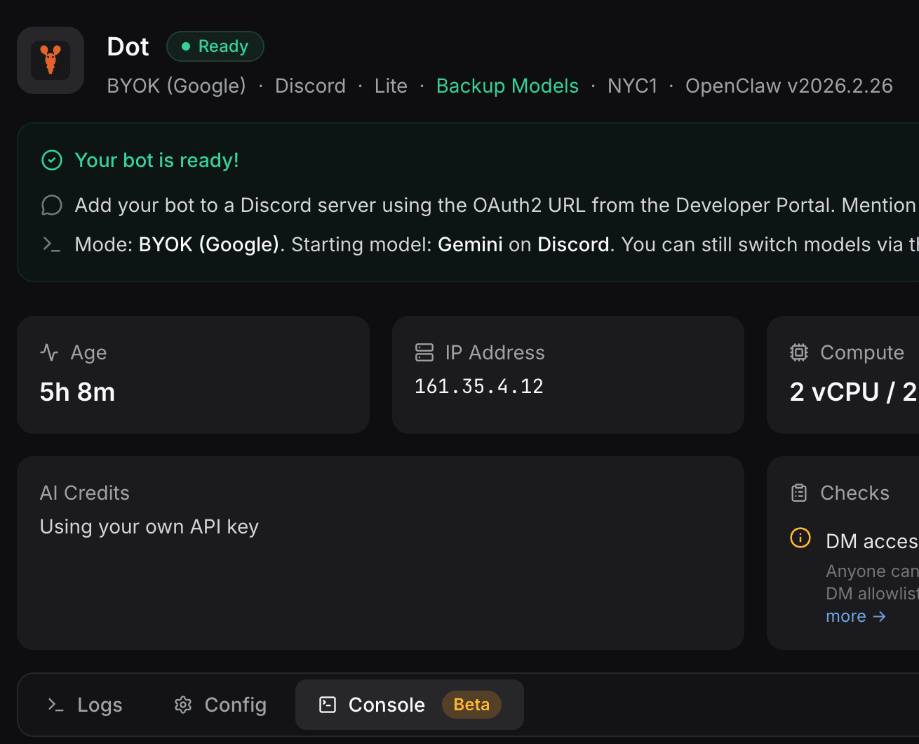 OpenClaw dashboard backup models panel with BYOK Google visible and backup models enabled