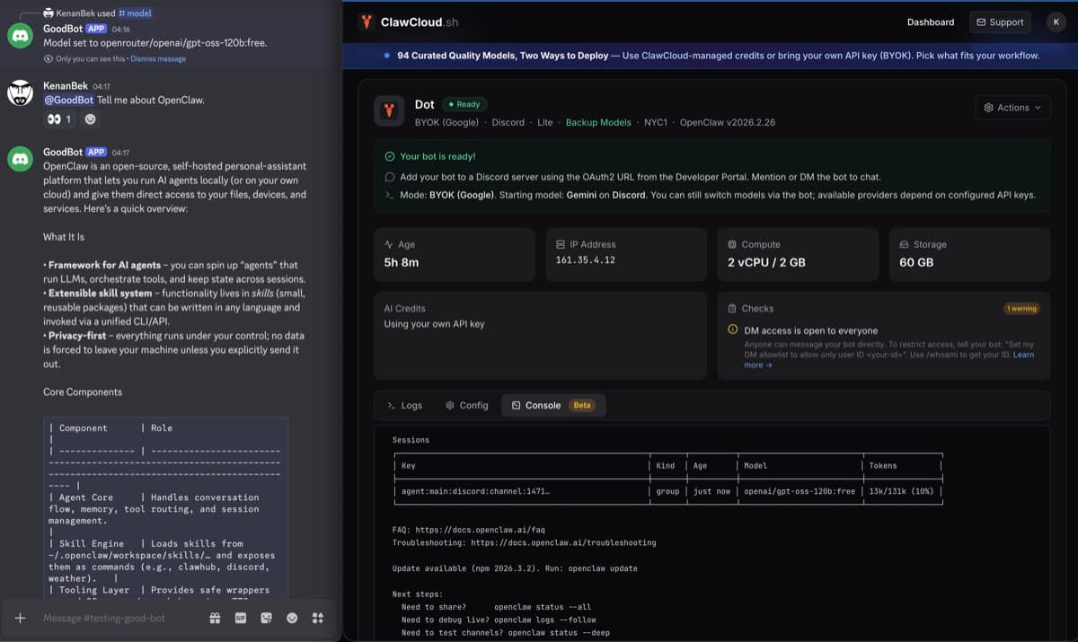 OpenClaw hosting on ClawCloud with Discord chat and dashboard showing BYOK plus backup model support
