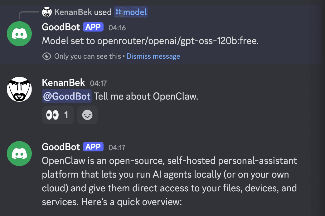 OpenClaw Discord chat switching to GPT OSS 120B free with /model command