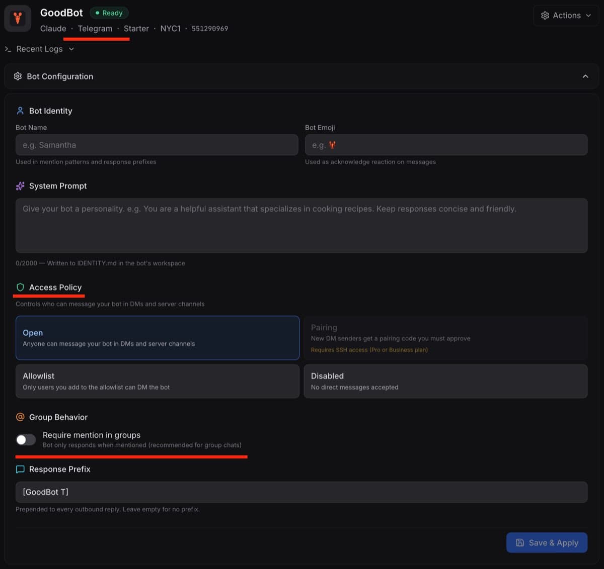 ClawCloud channel config update for Telegram