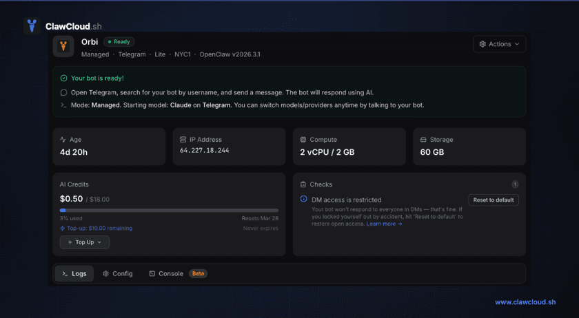 ClawCloud dashboard showing a running OpenClaw instance after deployment