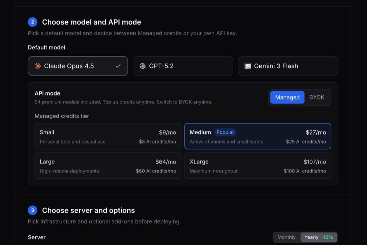 ClawCloud deploy wizard with model selection and managed AI enabled