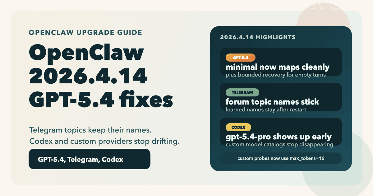 OpenClaw 2026.4.14 upgrade guide: GPT-5.4 recovery, Telegram topic names, and Codex fixes