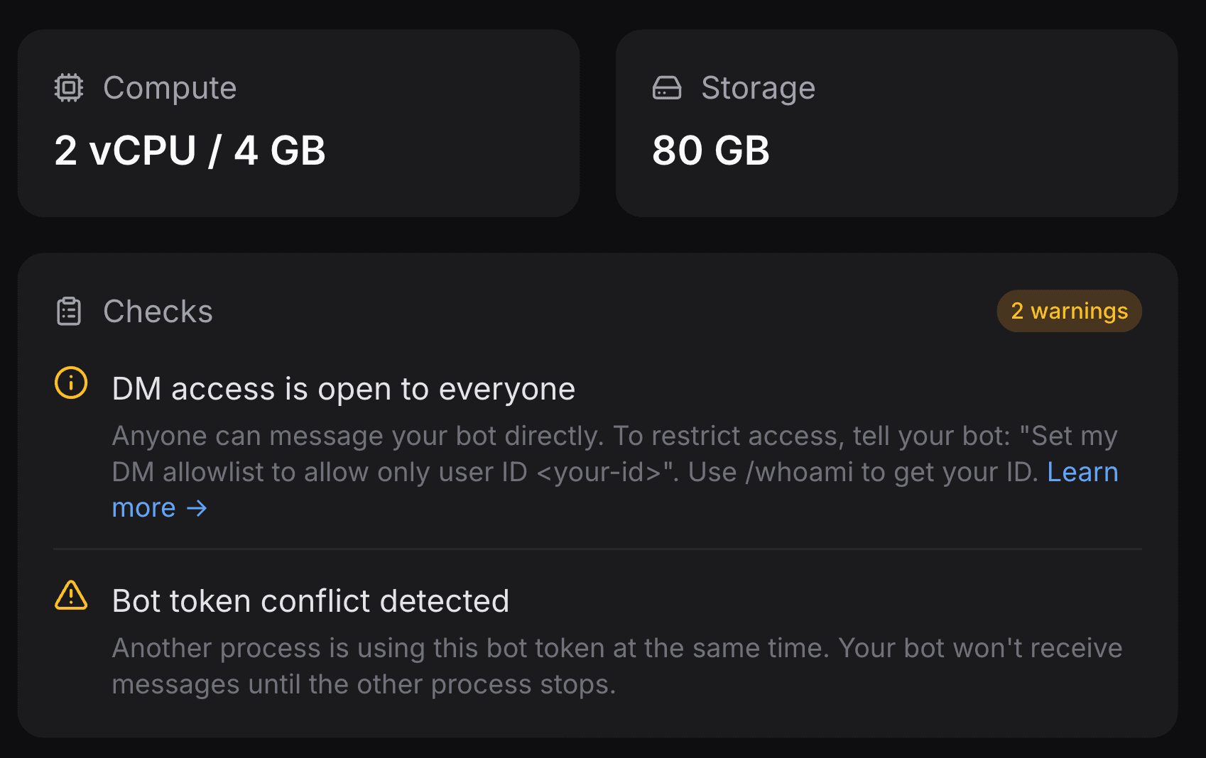 Yellow warning notice in the instance panel reading 'Bot token conflict detected' with a detail link