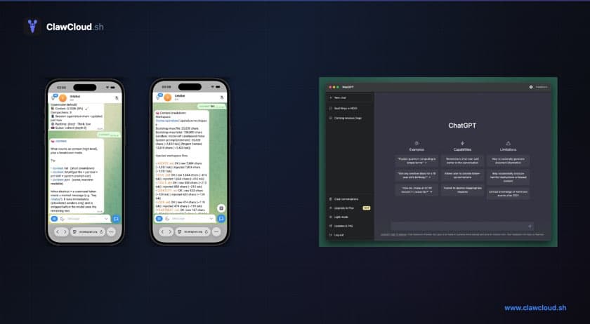 OpenClaw chat interface on Telegram next to a ChatGPT browser window