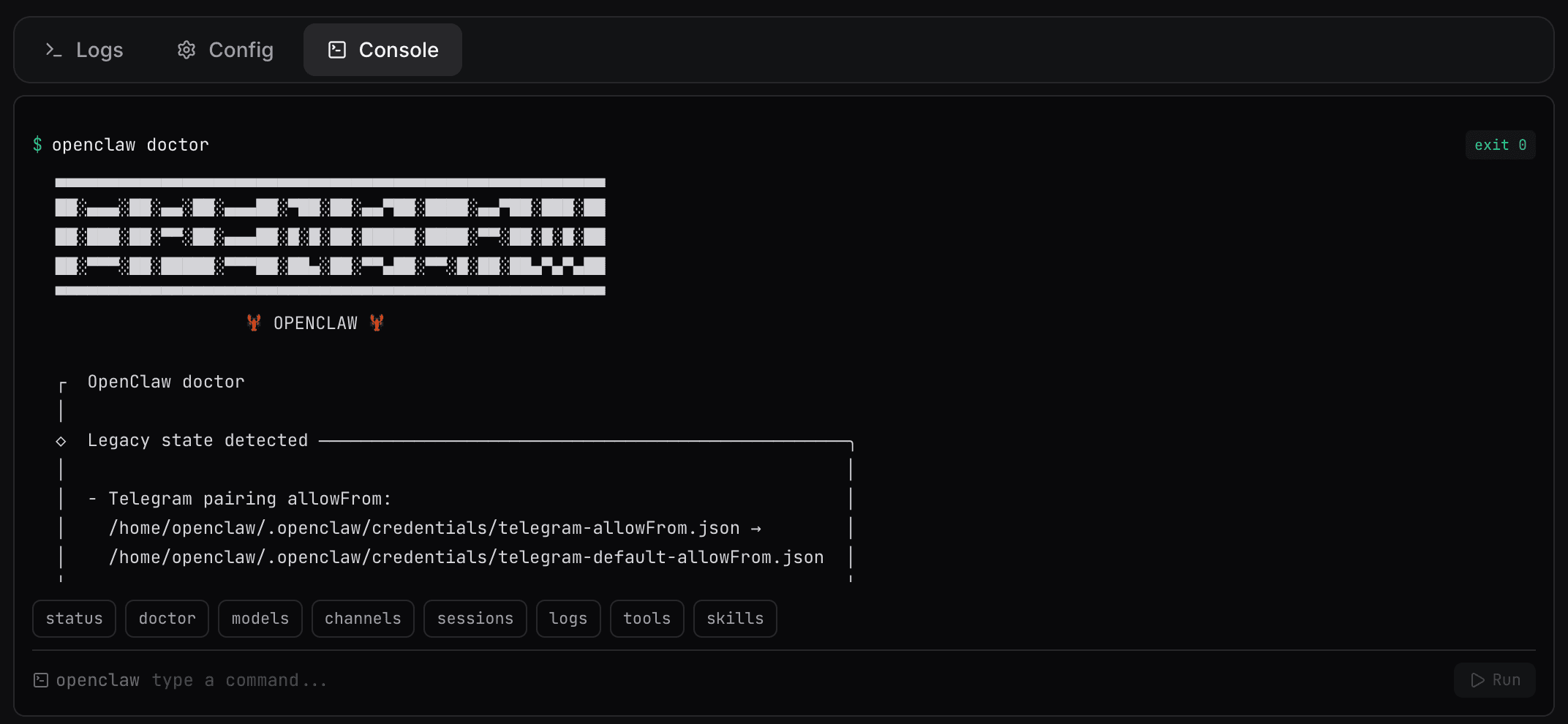 ClawCloud dashboard Console tab showing openclaw doctor output with all checks passing