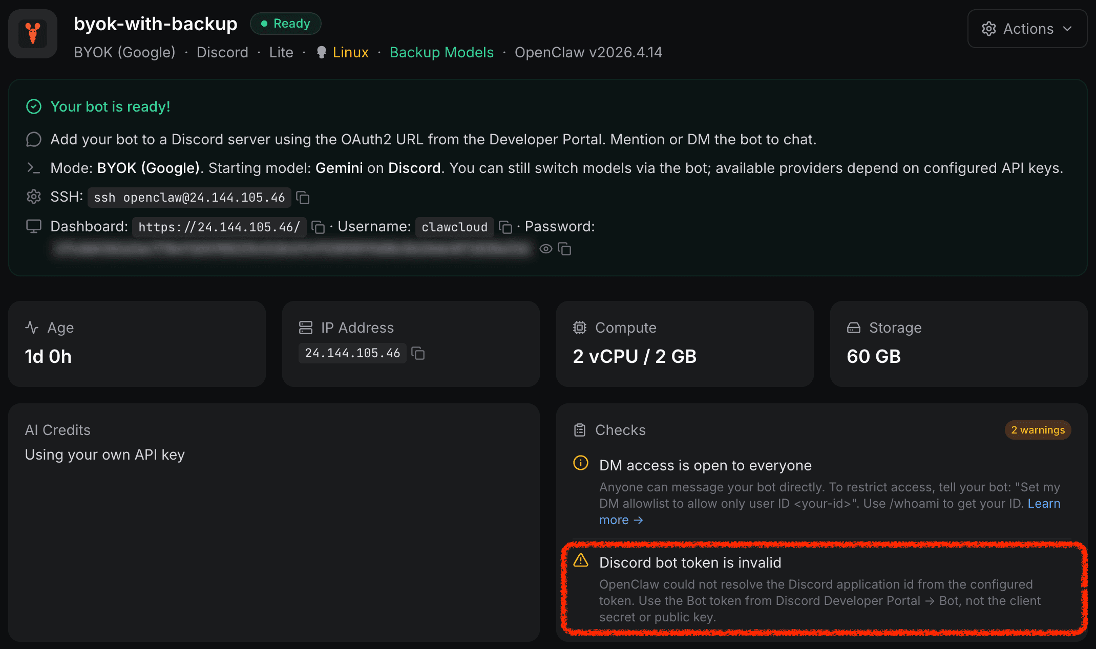 OpenClaw Discord token invalid warning in the ClawCloud dashboard