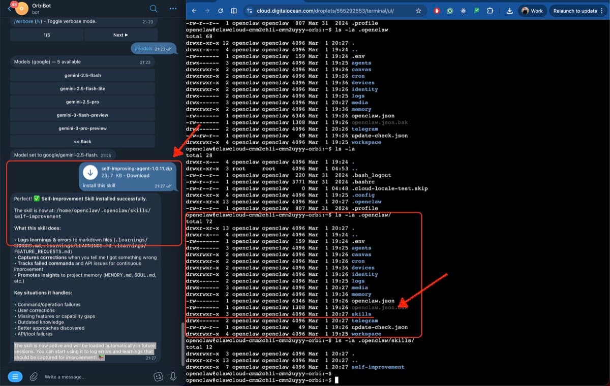 Telegram chat showing a zip file being sent to OpenClaw bot with the bot responding that the skill was installed successfully