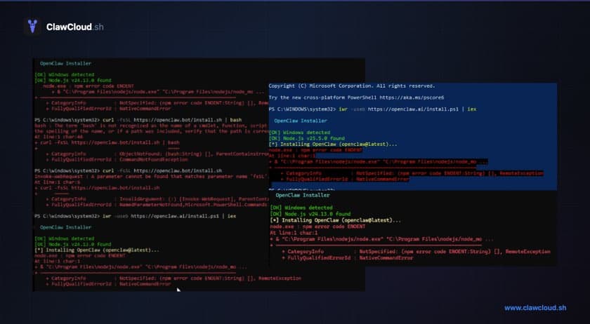 Terminal showing npm install openclaw@latest failure messages