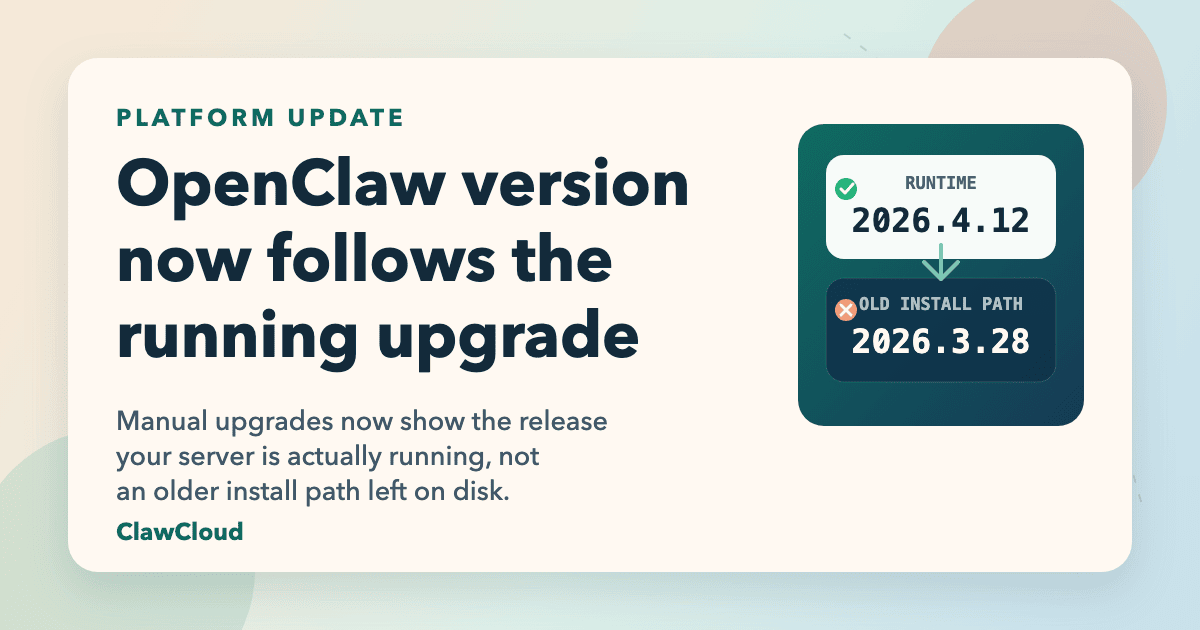 OpenClaw version reporting fix card showing the running version selected over a stale install path