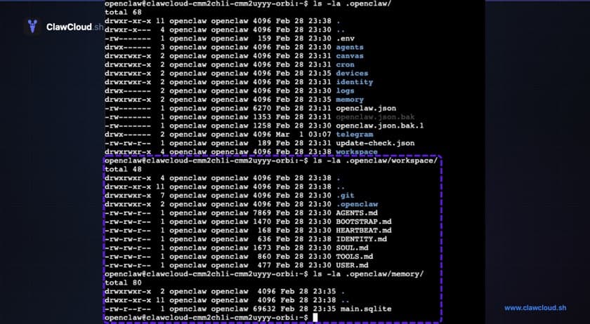 OpenClaw memory files in a workspace directory listing