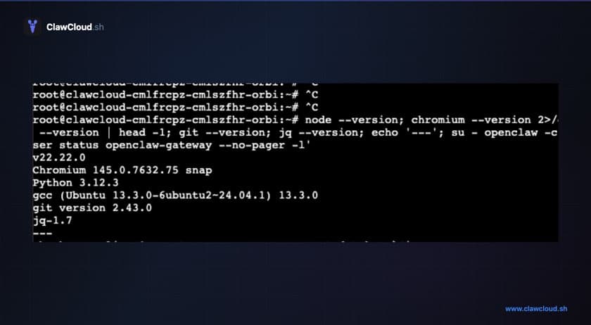 ClawCloud server terminal showing pre-installed software versions and OpenClaw gateway status