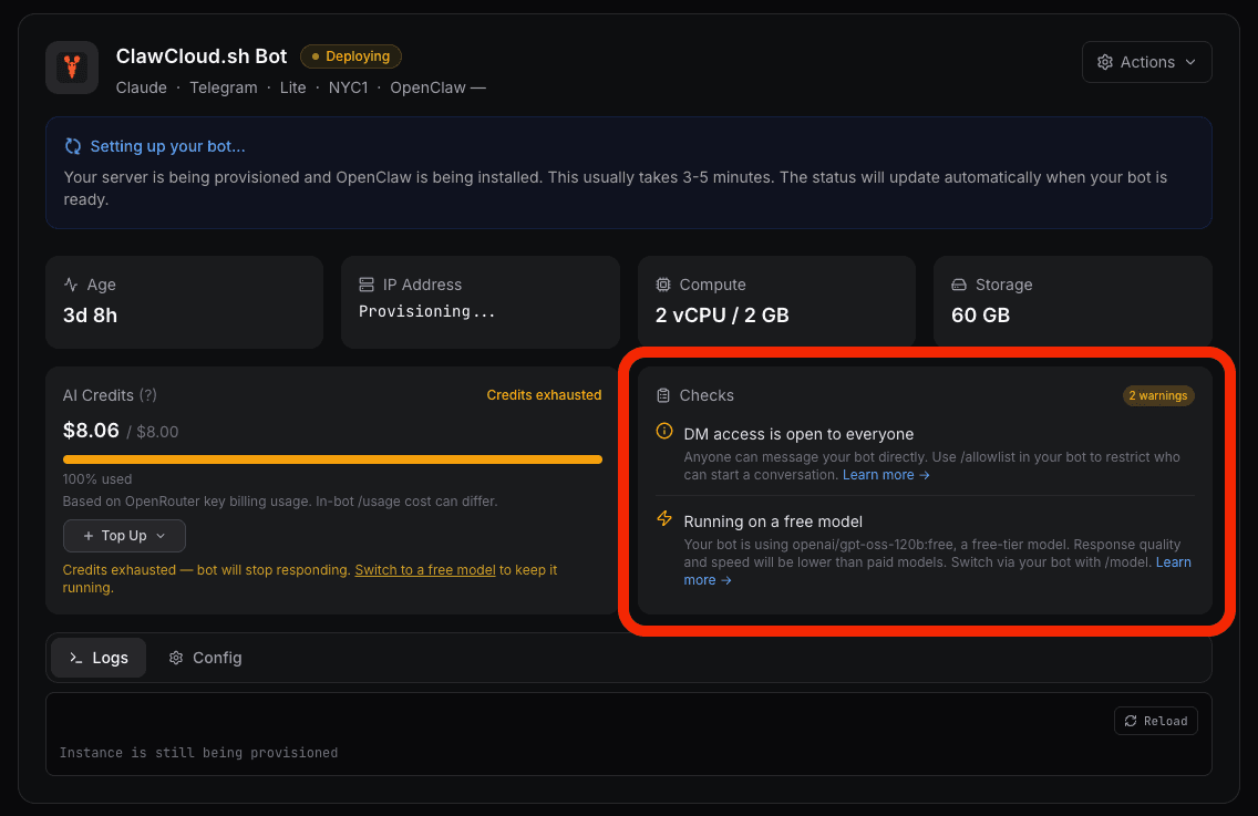 ClawCloud dashboard showing health notices panel with DM access warning and guide link