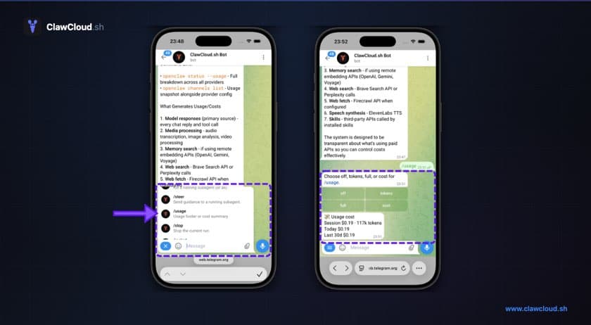 OpenClaw bot responding to /usage command in Telegram showing token counts and estimated cost