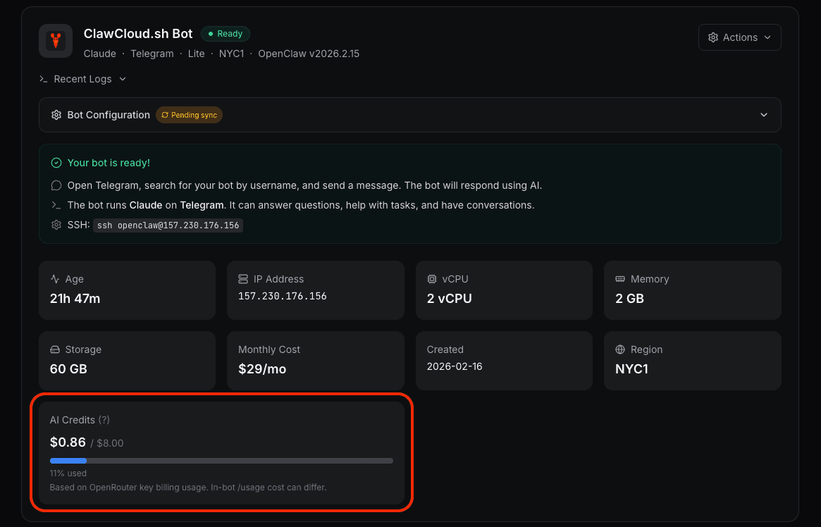 ClawCloud dashboard showing AI credit usage bar for an OpenClaw instance