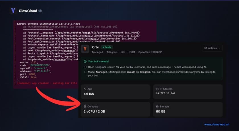 Terminal with Docker errors vs clean ClawCloud dashboard
