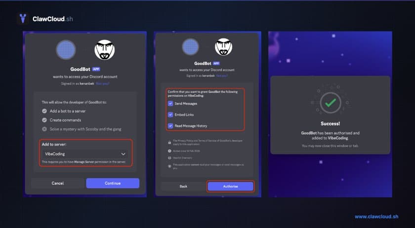 Discord bot authorization flow showing server selection, permission confirmation, and success message left to right