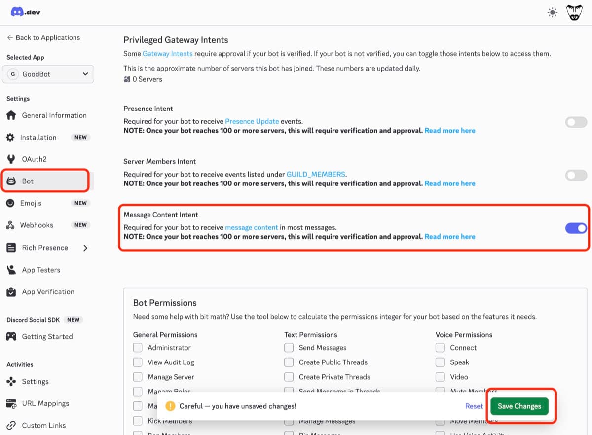 Discord Bot settings with Message Content Intent toggle enabled