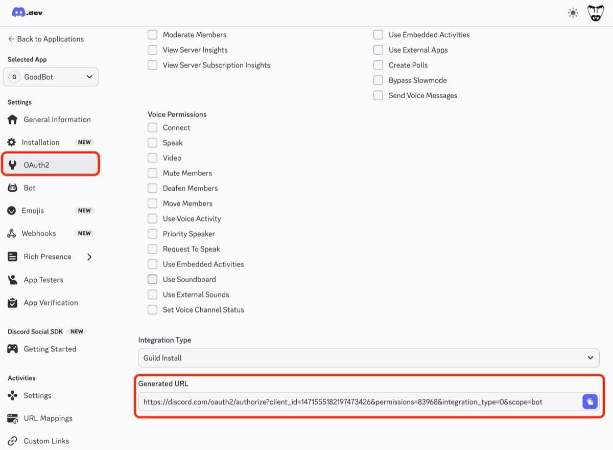 Discord OAuth2 URL Generator showing generated invite URL with copy button