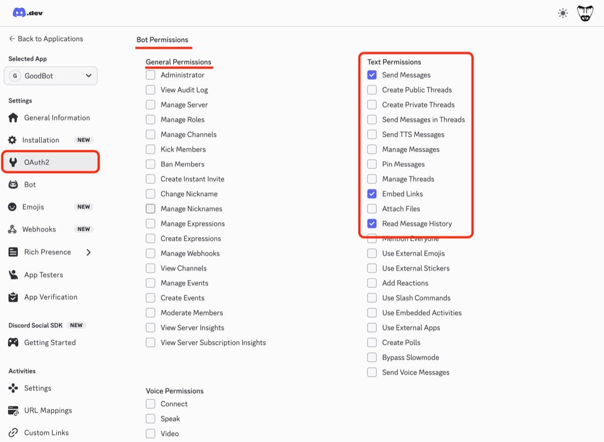 Discord OAuth2 URL Generator with bot scope and message permissions selected