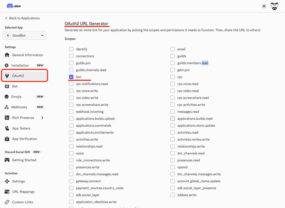 Discord OAuth2 URL Generator with bot scope selected