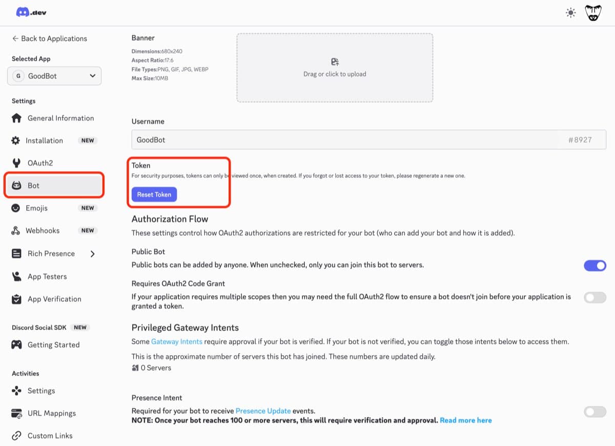 Discord Developer Portal Bot page with Reset Token button