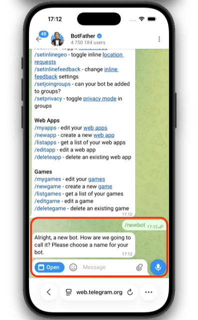 BotFather asking for a bot name after /newbot command