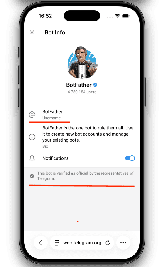 BotFather's Telegram profile showing verified badge and official status