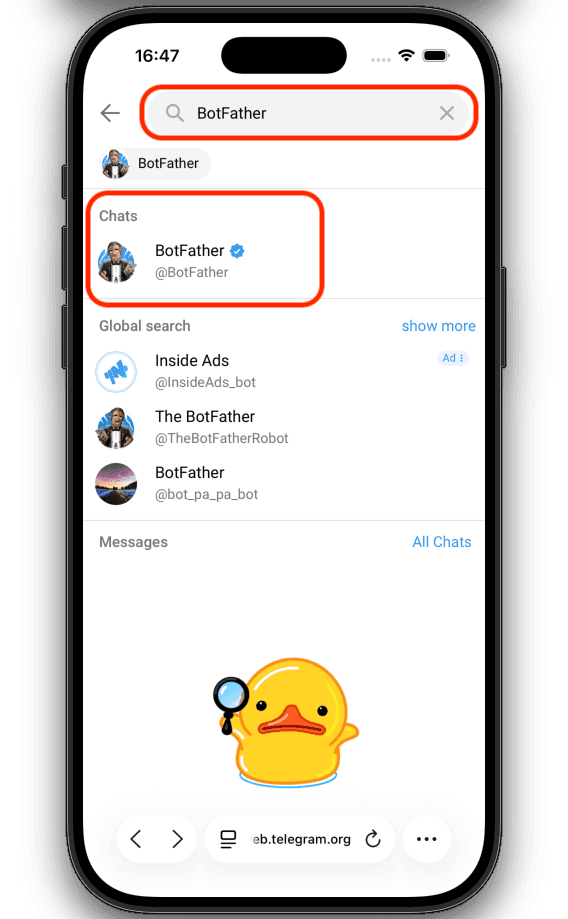 Telegram search results showing @BotFather with verified checkmark