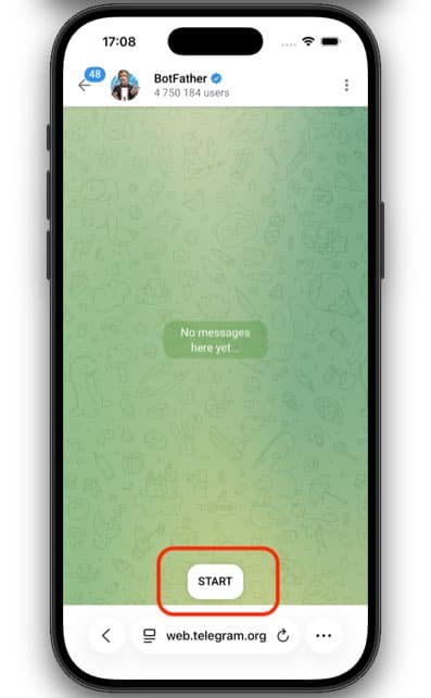 BotFather's START button to initiate conversation