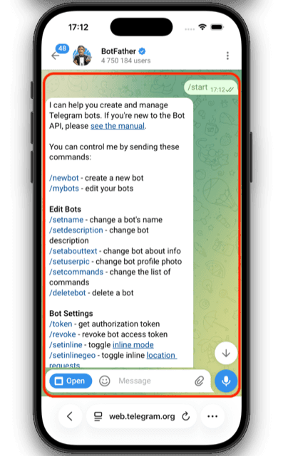 BotFather's help menu displaying all available commands