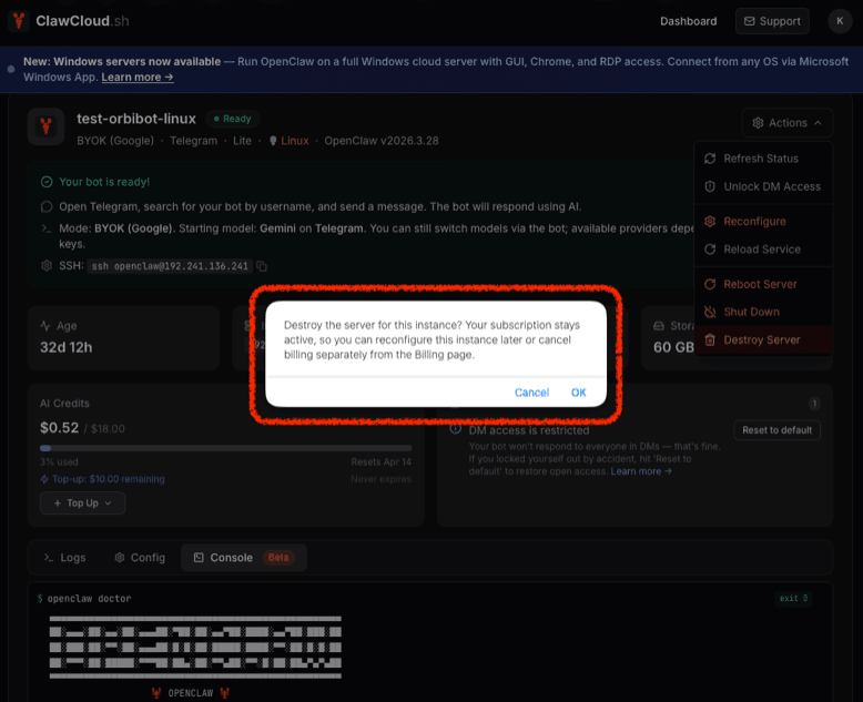 Confirmation dialog asking to destroy the server, with a note that the subscription stays active
