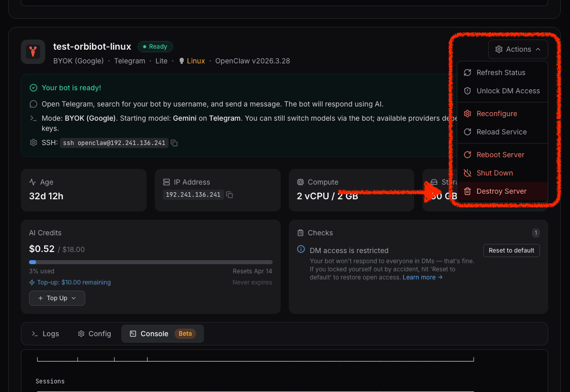 ClawCloud dashboard action menu showing the Destroy Server option for an OpenClaw instance