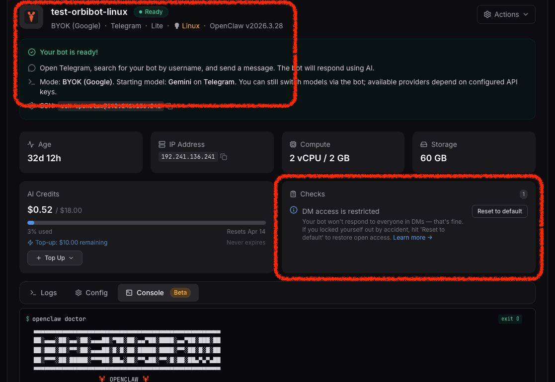 ClawCloud dashboard checks and logs confirming regenerated OpenClaw server is healthy