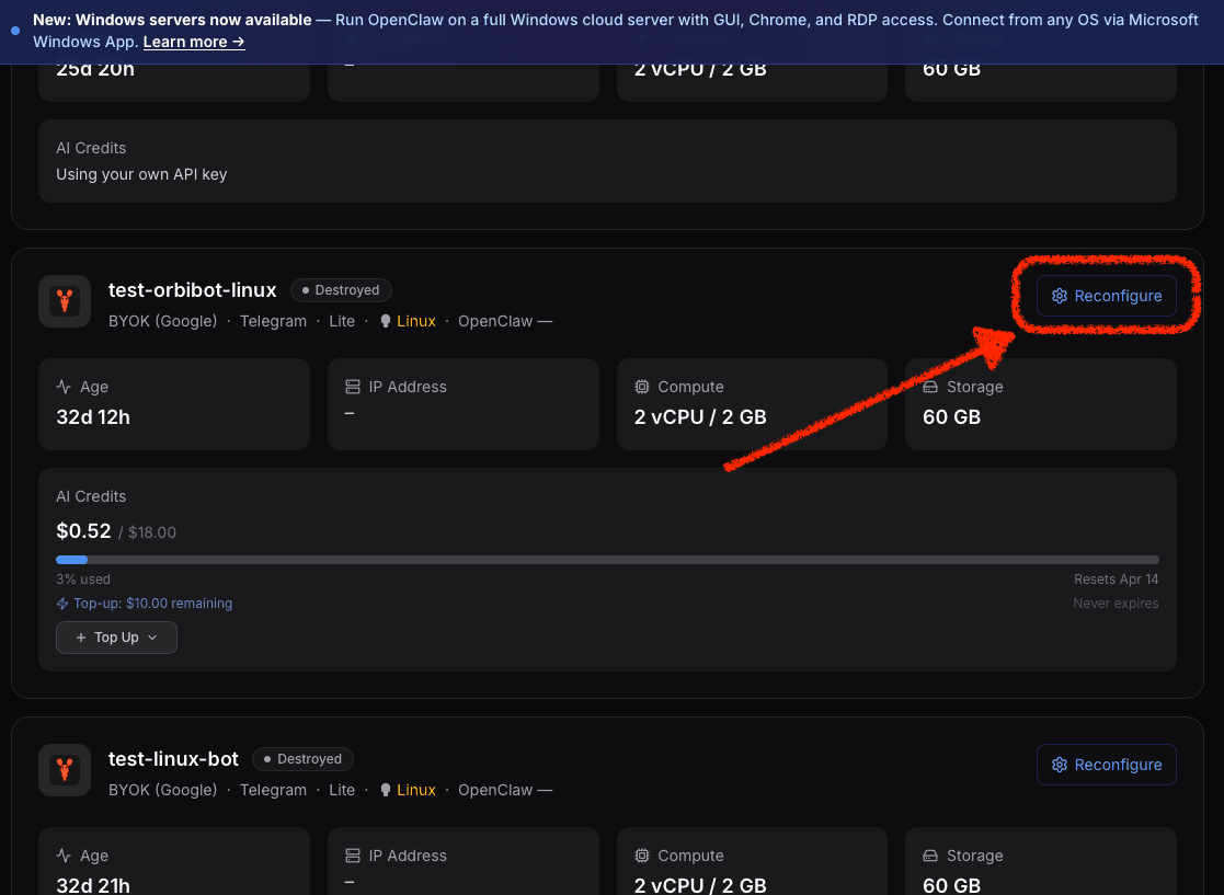 ClawCloud reconfigure flow for regenerating an OpenClaw instance after server destruction