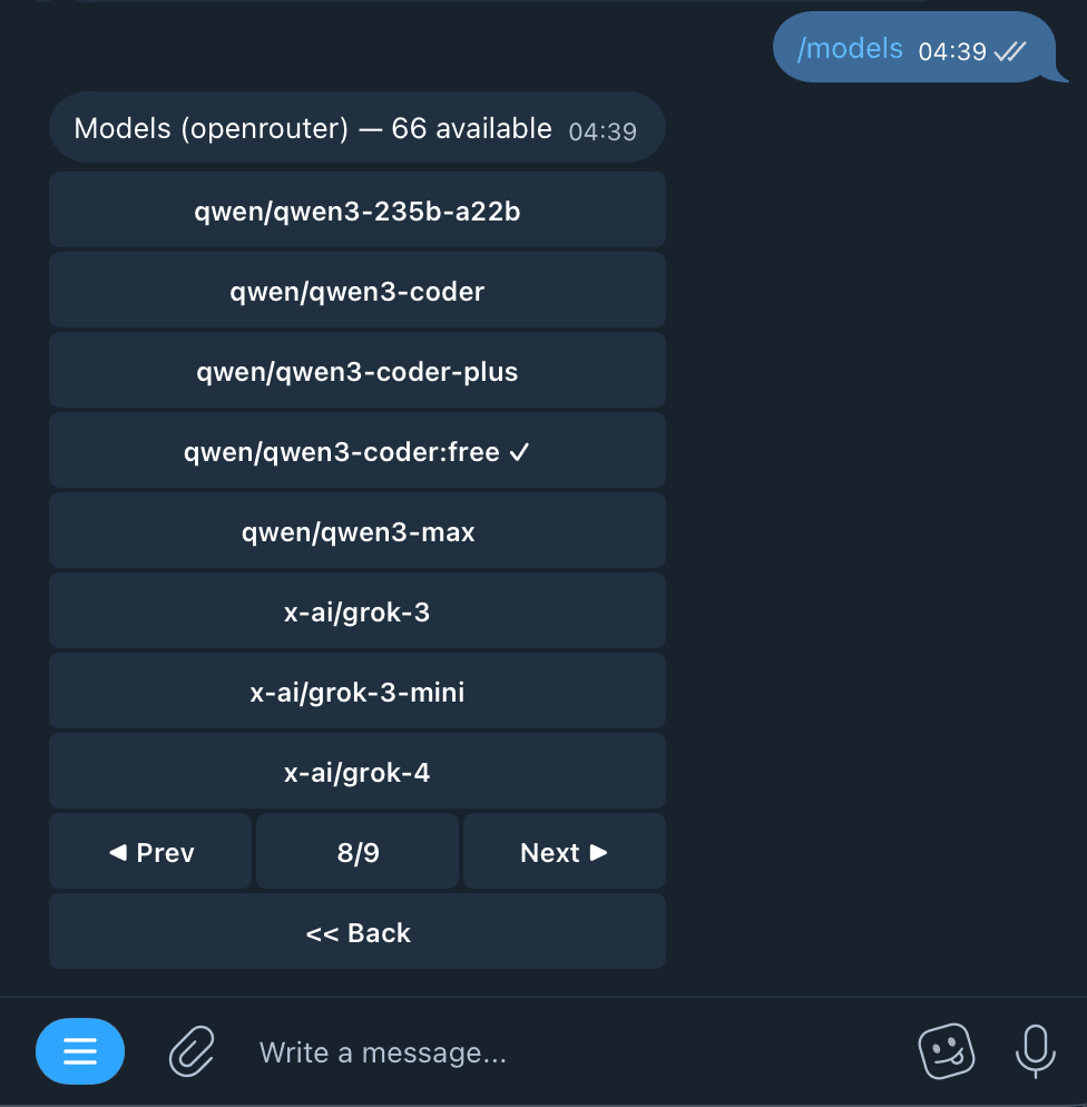 OpenClaw /models command output in Telegram showing free tier models in the catalog