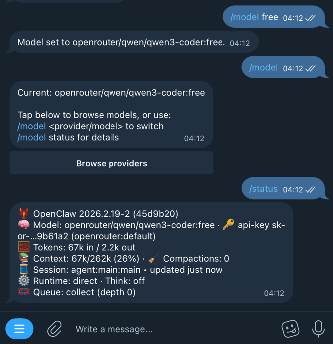 Sending /model command to switch to a free model manually before credits run out
