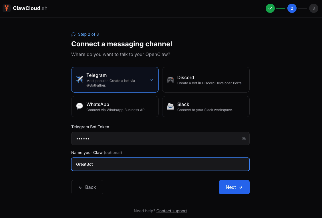 Deploy wizard channel selection with Telegram, Discord, and WhatsApp options