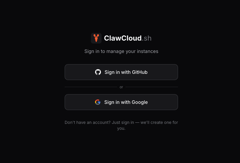 ClawCloud login page with GitHub and Google sign-in buttons