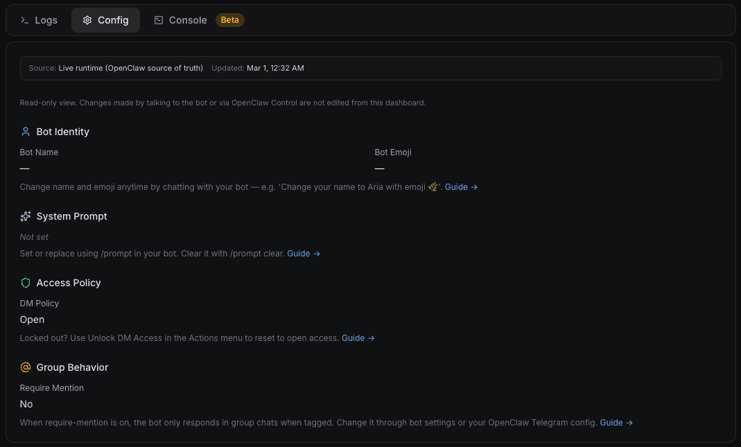 OpenClaw dashboard Config tab showing a live read-only view of the bot's configuration