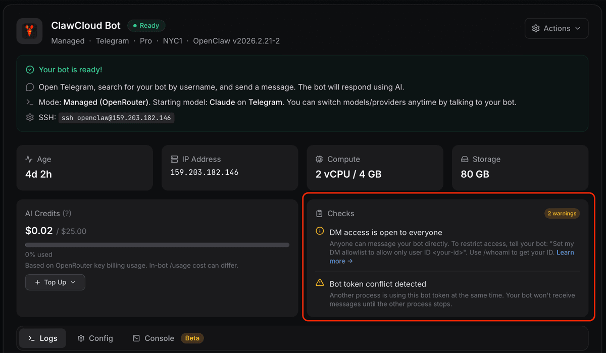 ClawCloud dashboard instance panel showing a yellow warning notice for channel conflict