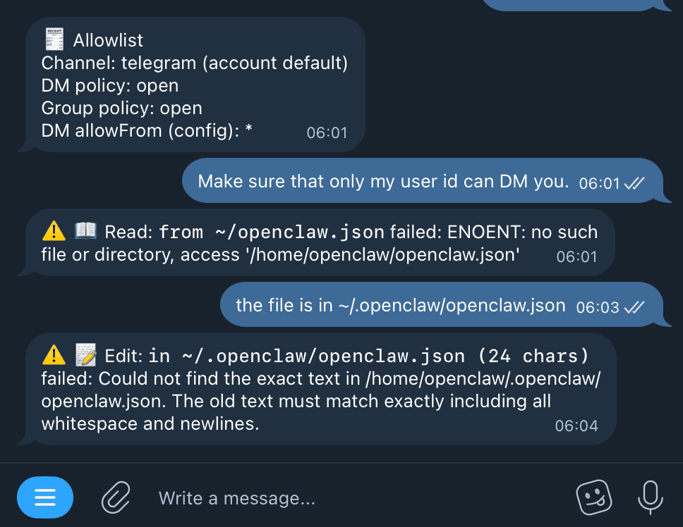 OpenClaw Telegram chat showing a free model guessing the wrong config path then failing to edit the file