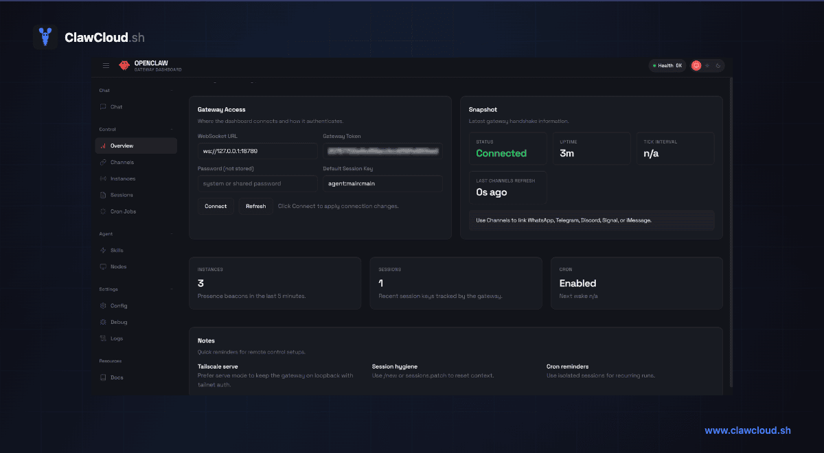 OpenClaw Control UI showing gateway connected and channels ready