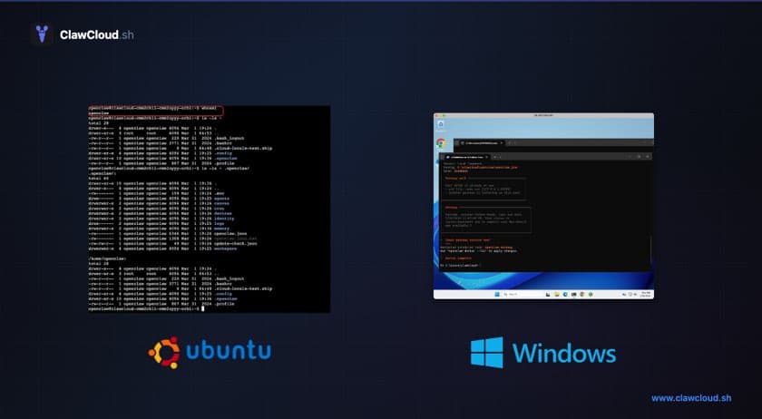 Side-by-side view of an OpenClaw Linux SSH terminal session and an OpenClaw Windows Server RDP desktop