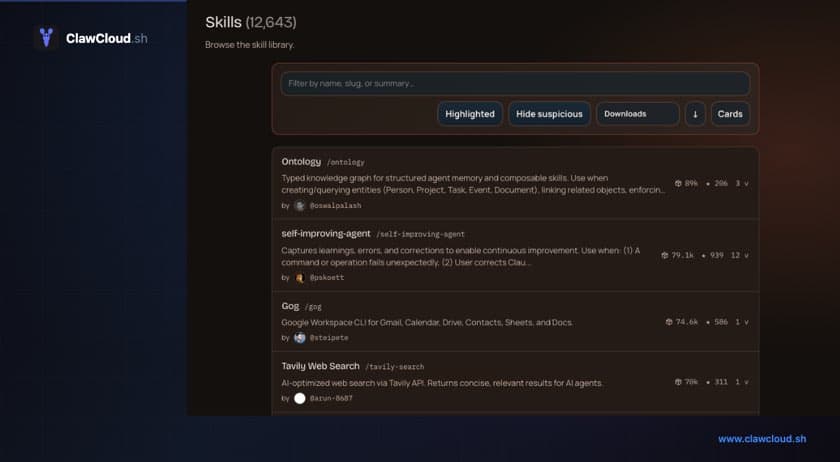 ClawHub skill registry showing available OpenClaw skills