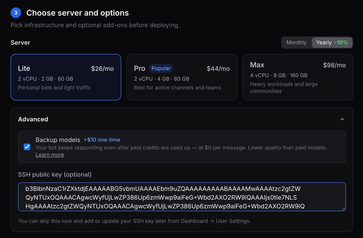 SSH key field in the ClawCloud deploy wizard Advanced section