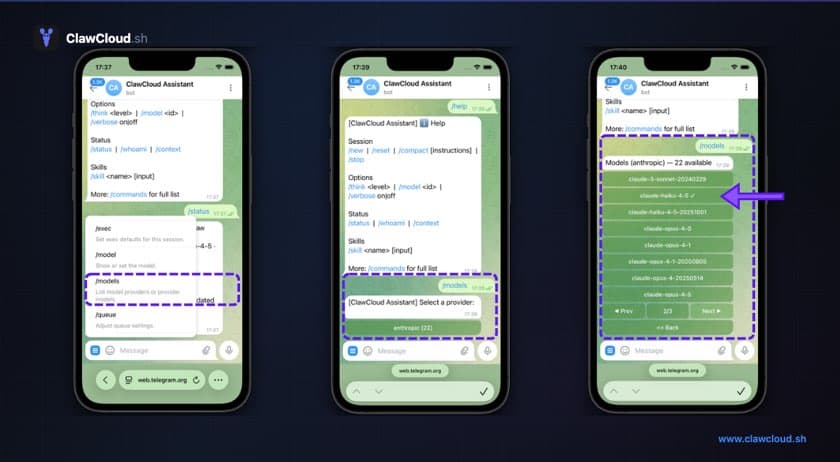 OpenClaw /model and /models commands in Telegram showing 22 available Anthropic models