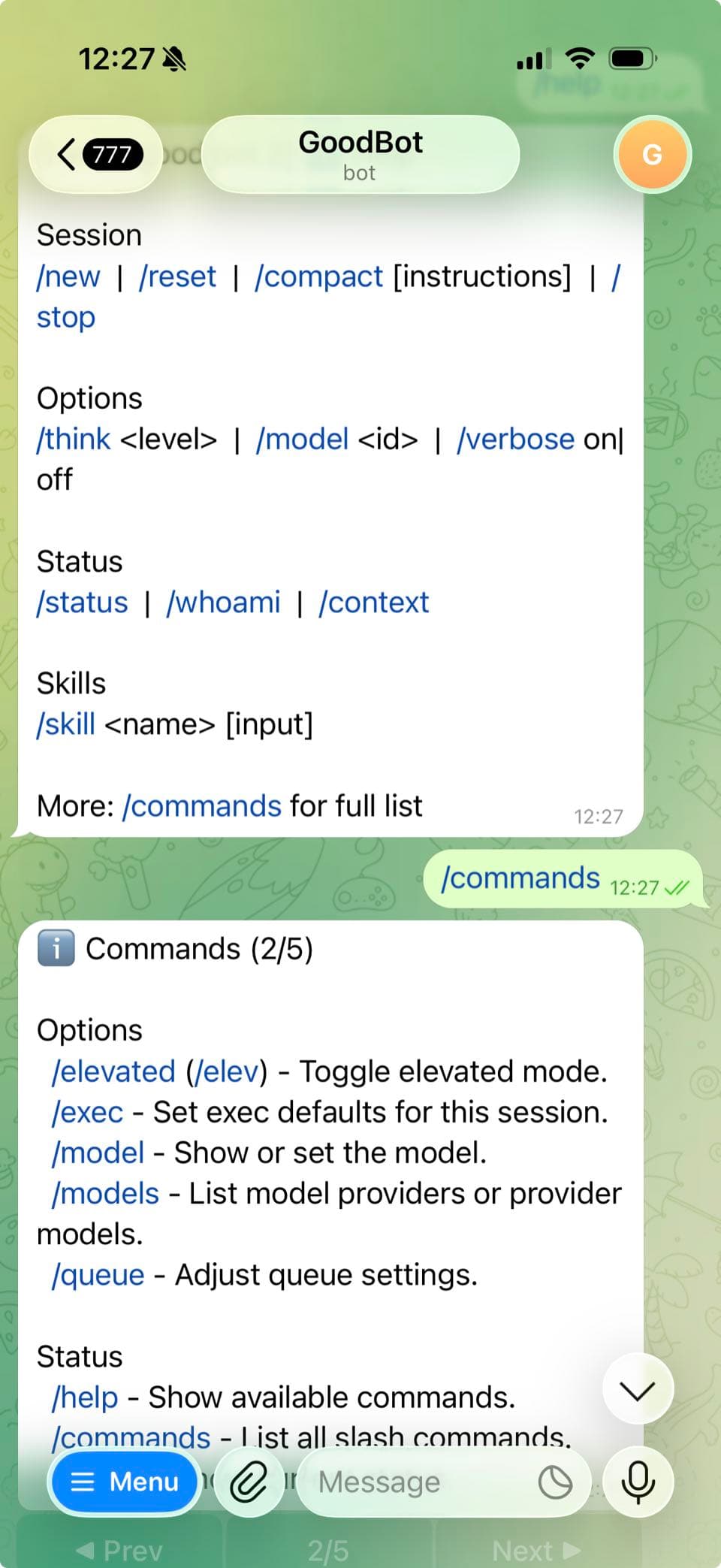 OpenClaw Telegram bot showing slash commands and responses