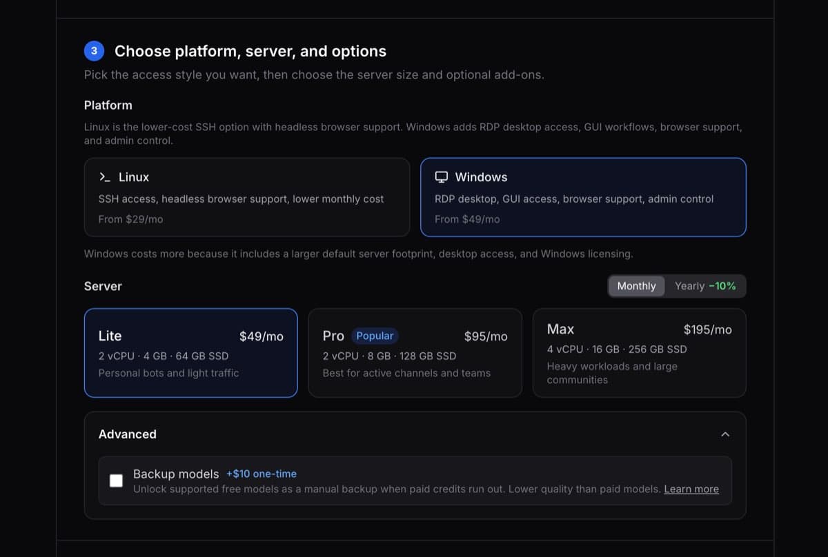 Deploy wizard platform step showing Linux and Windows options side by side ClawCloud deploy wizard platform selection — Linux and Windows options side by side