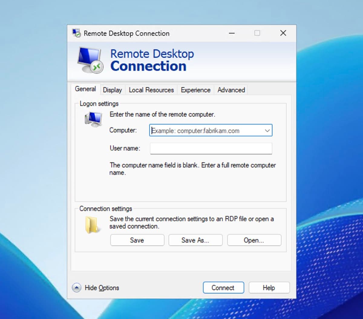 Screenshot of the Windows Remote Desktop Connection mstsc.exe dialog showing the server IP field with the OpenClaw server address entered Windows Remote Desktop Connection dialog with the OpenClaw server IP entered